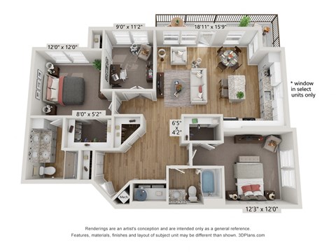 Floor plan for 2 beds, 2 baths, 1285 sqft